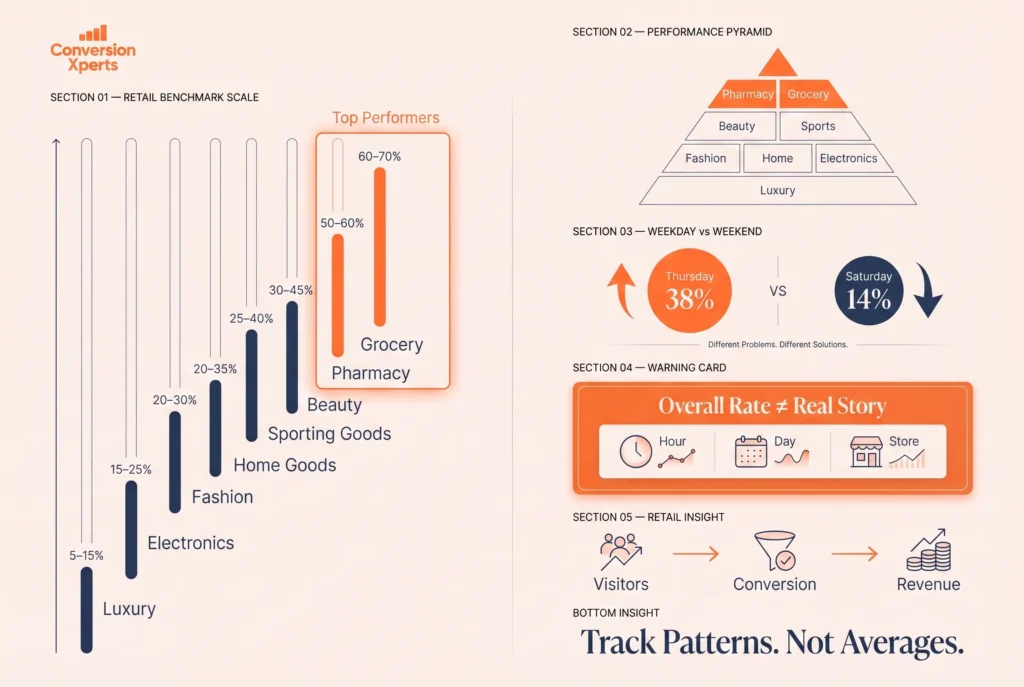 Average retail conversion rate benchmarks by store type in 2026