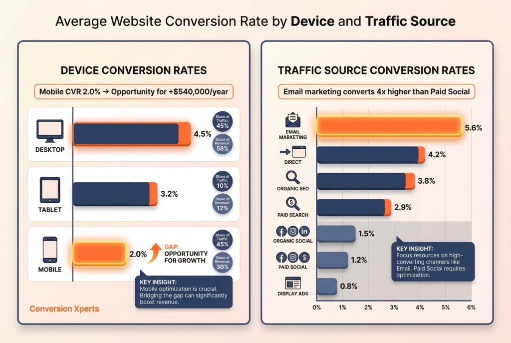 Average Website Conversion Rate by Device & Traffic Source