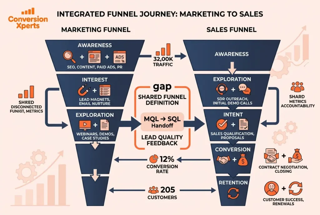 B2B SaaS marketing funnel vs sales funnel differences explained visually