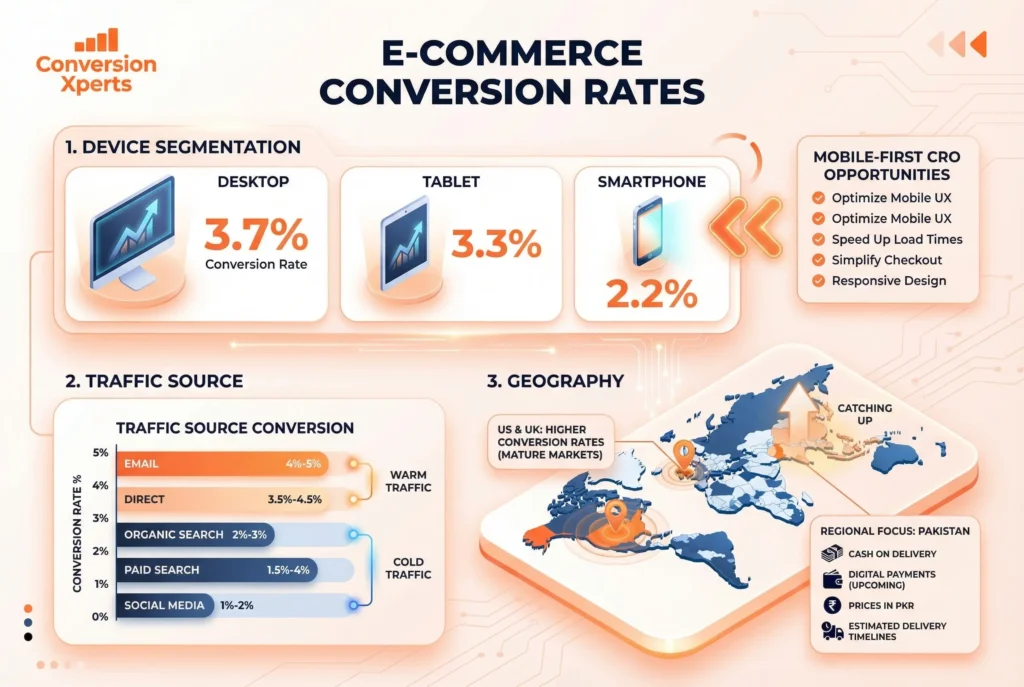 Ecommerce conversion rate benchmarks by device traffic source and geography analysis