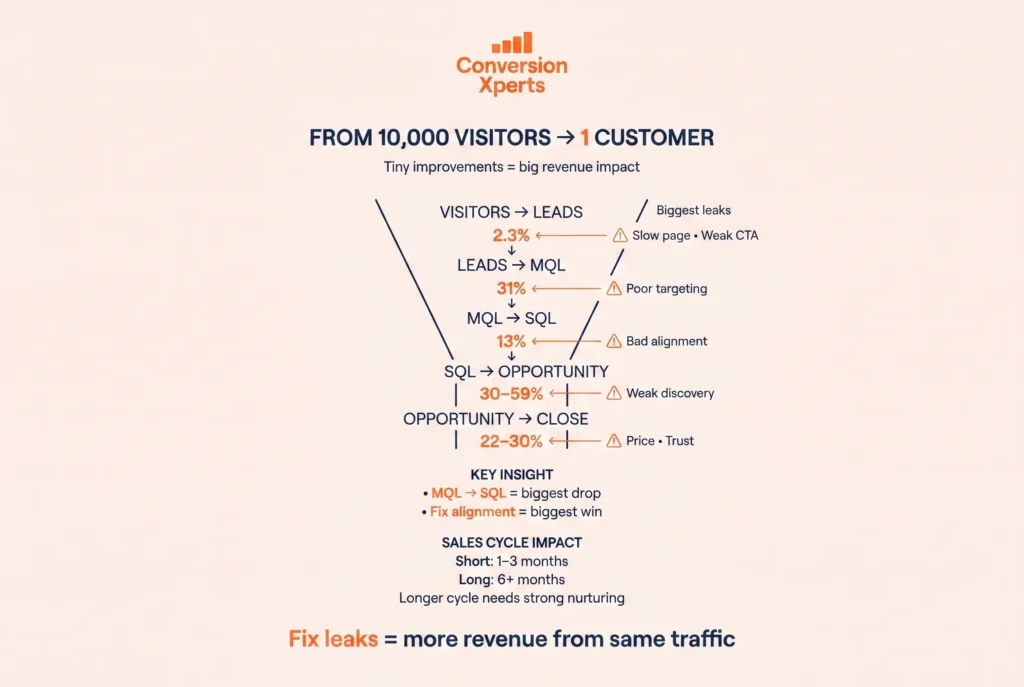 B2B funnel stages and leak points