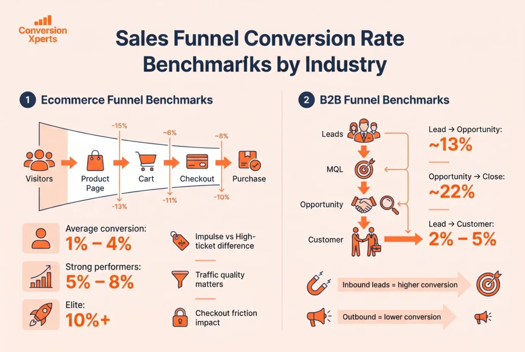 Sales funnel conversion rate benchmarks by industry