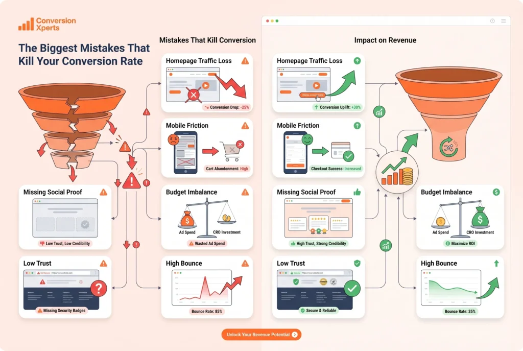 Biggest mistakes that hurt conversion rate and reduce website performance