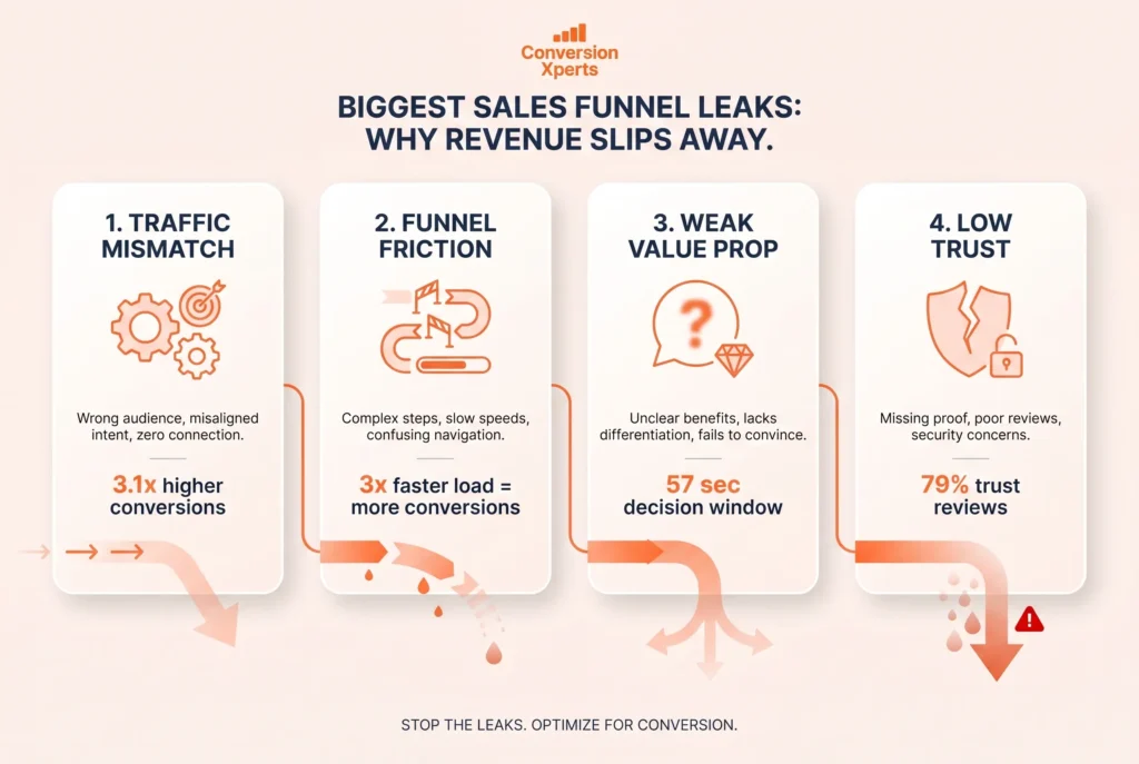 Sales funnel revenue leaks common causes and issues
