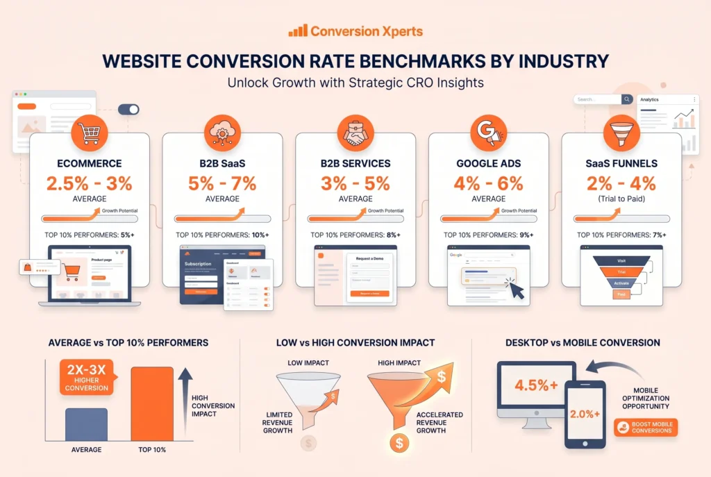 Good website conversion rate benchmarks by industry and performance standards