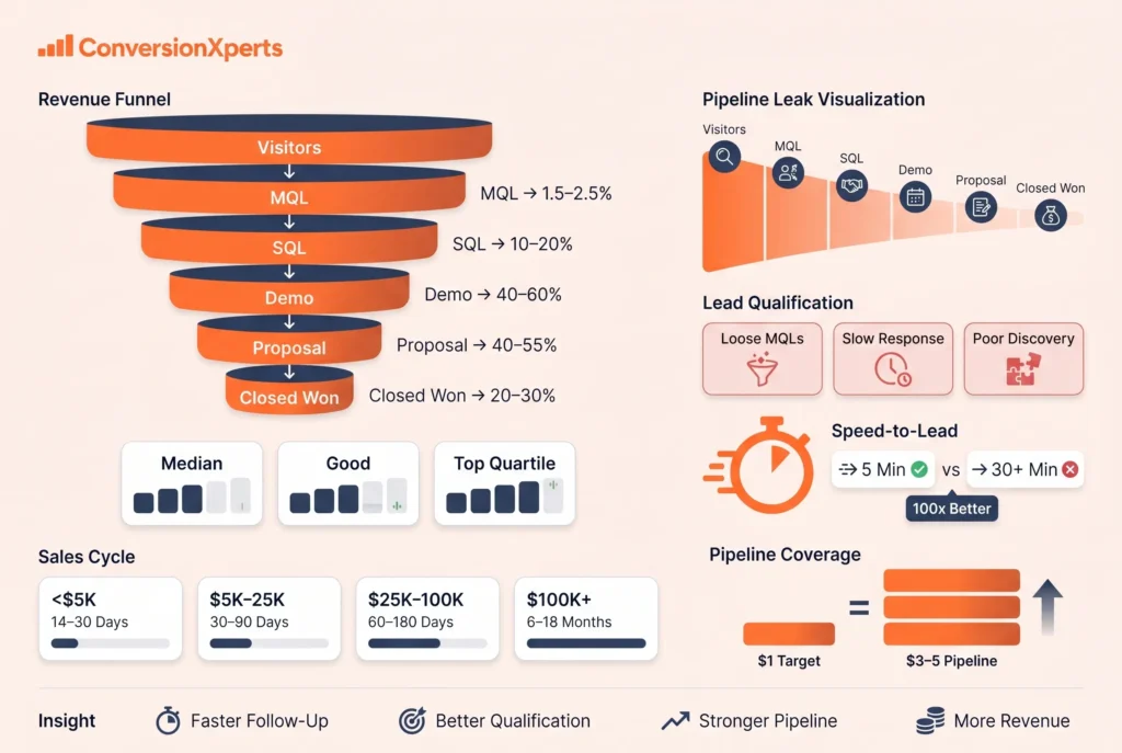 B2B funnel stage benchmarks from visitor to closed deal