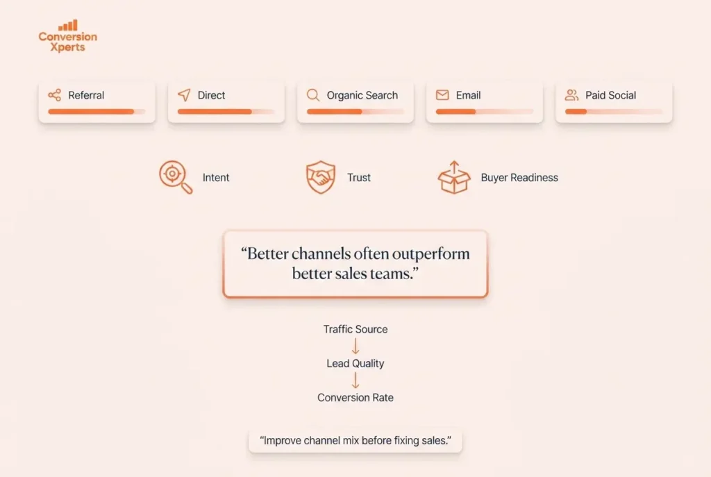 Channel by channel where conversion rate differs most and how performance varies across marketing sources