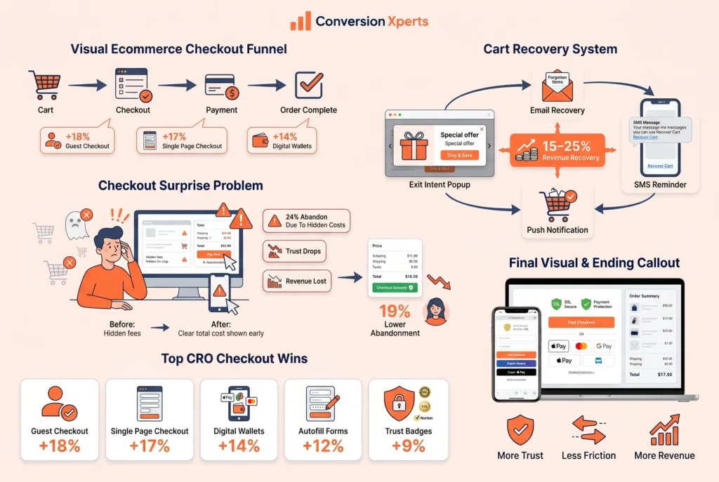 Checkout optimization and cart abandonment recovery for ecommerce stores
