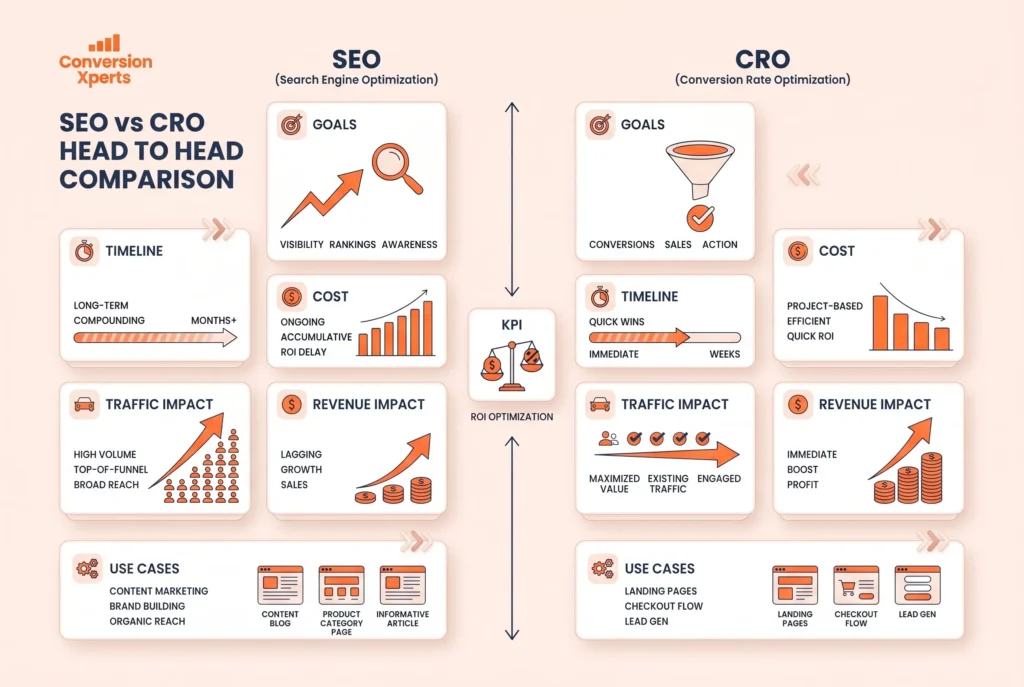 Head to head comparison of SEO vs CRO across key dimensions like traffic conversions and ROI