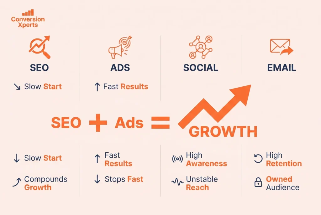 SEO marketing vs paid advertising vs social media comparison for growth and conversions