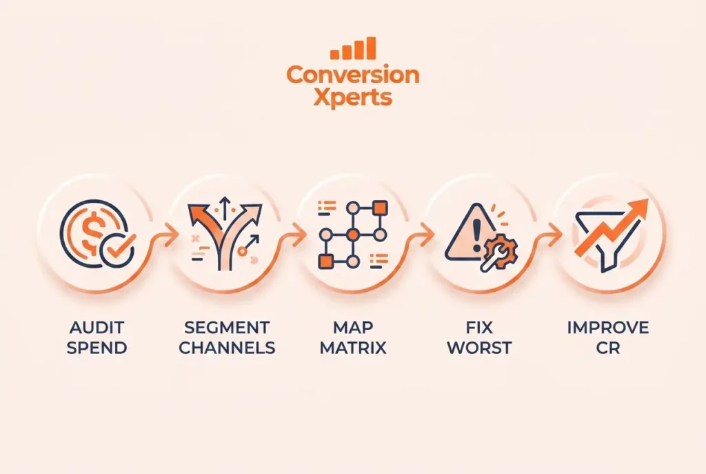 Five step cost of conversion reduction system for improving marketing efficiency and lowering costs