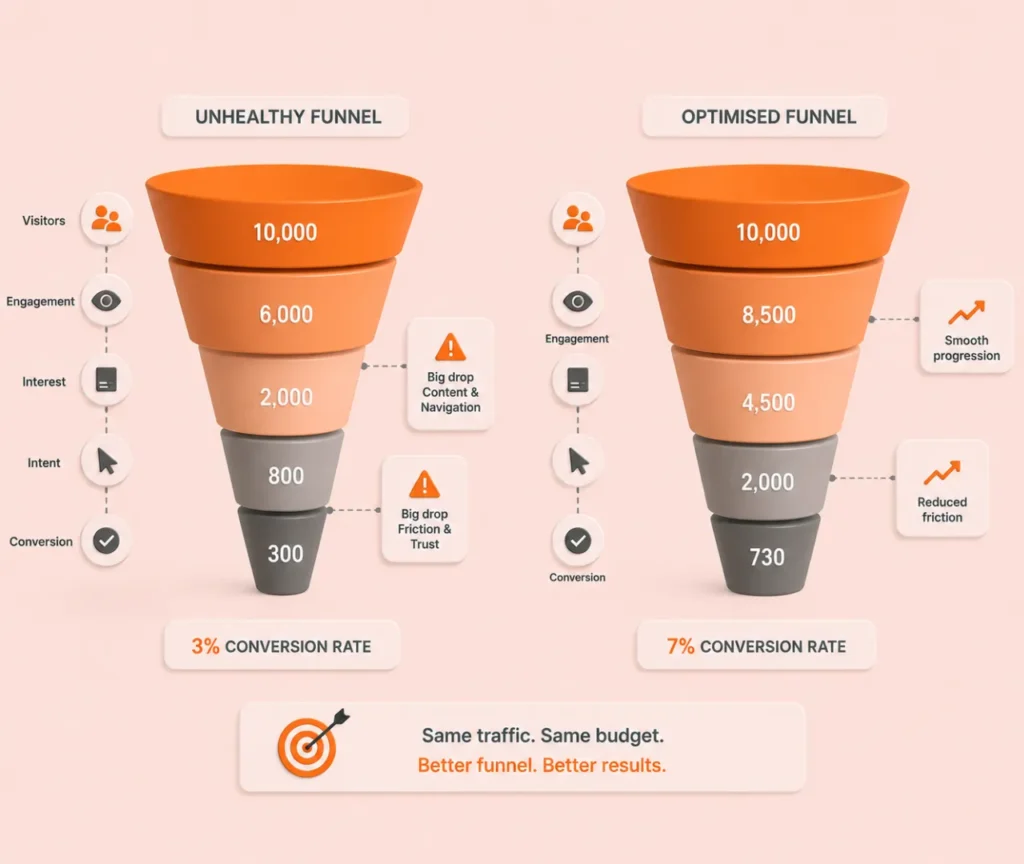 Conversion focused explanation of funnel stages and user behavior