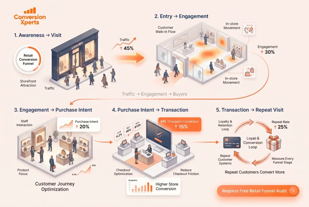 Retail conversion funnel framework for systematic improvement
