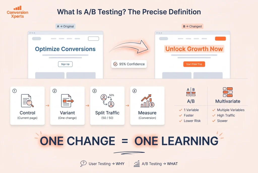 What A/B testing is and its precise definition in CRO