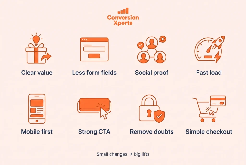 Icons of 12 CRO tactics: forms, social proof, urgency, speed